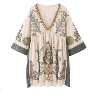 Linen Embroidered V-Neck Dress